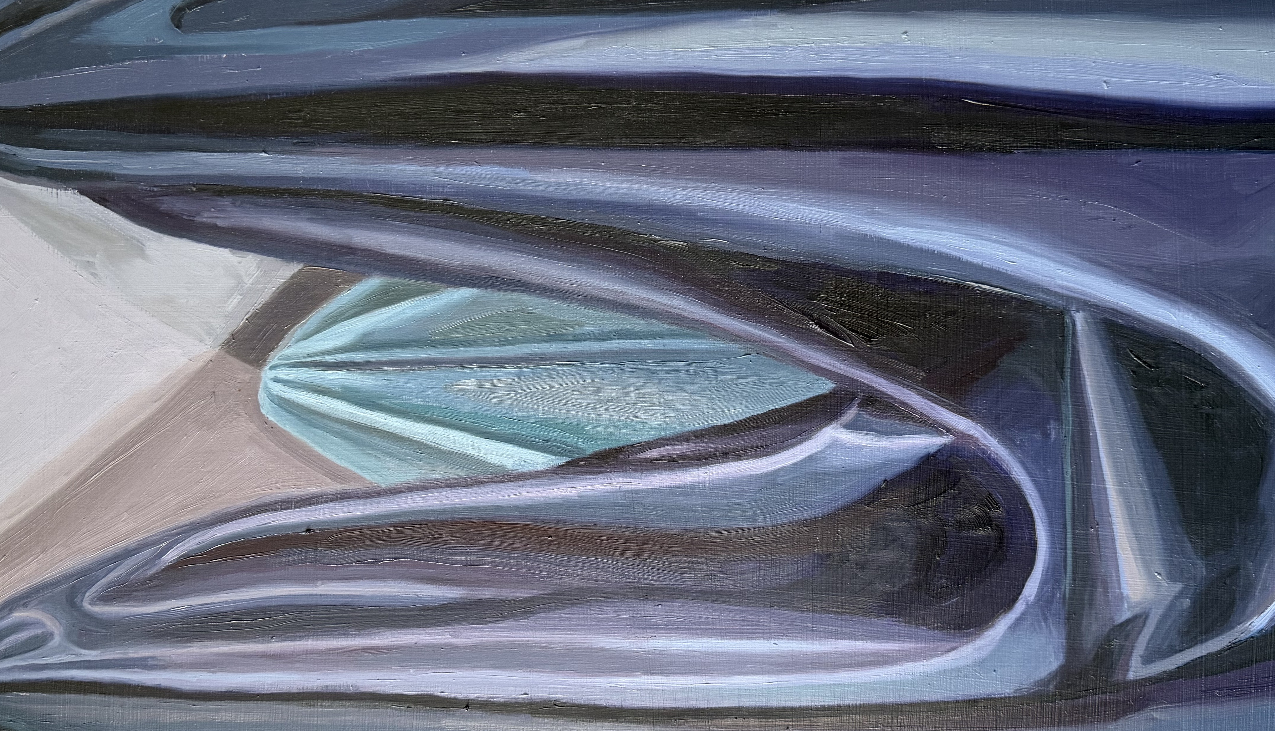 An oil study of draped fabric in deep blue, slate, and violet — abstract folds and shadows creating almost architectural forms against a neutral ground.