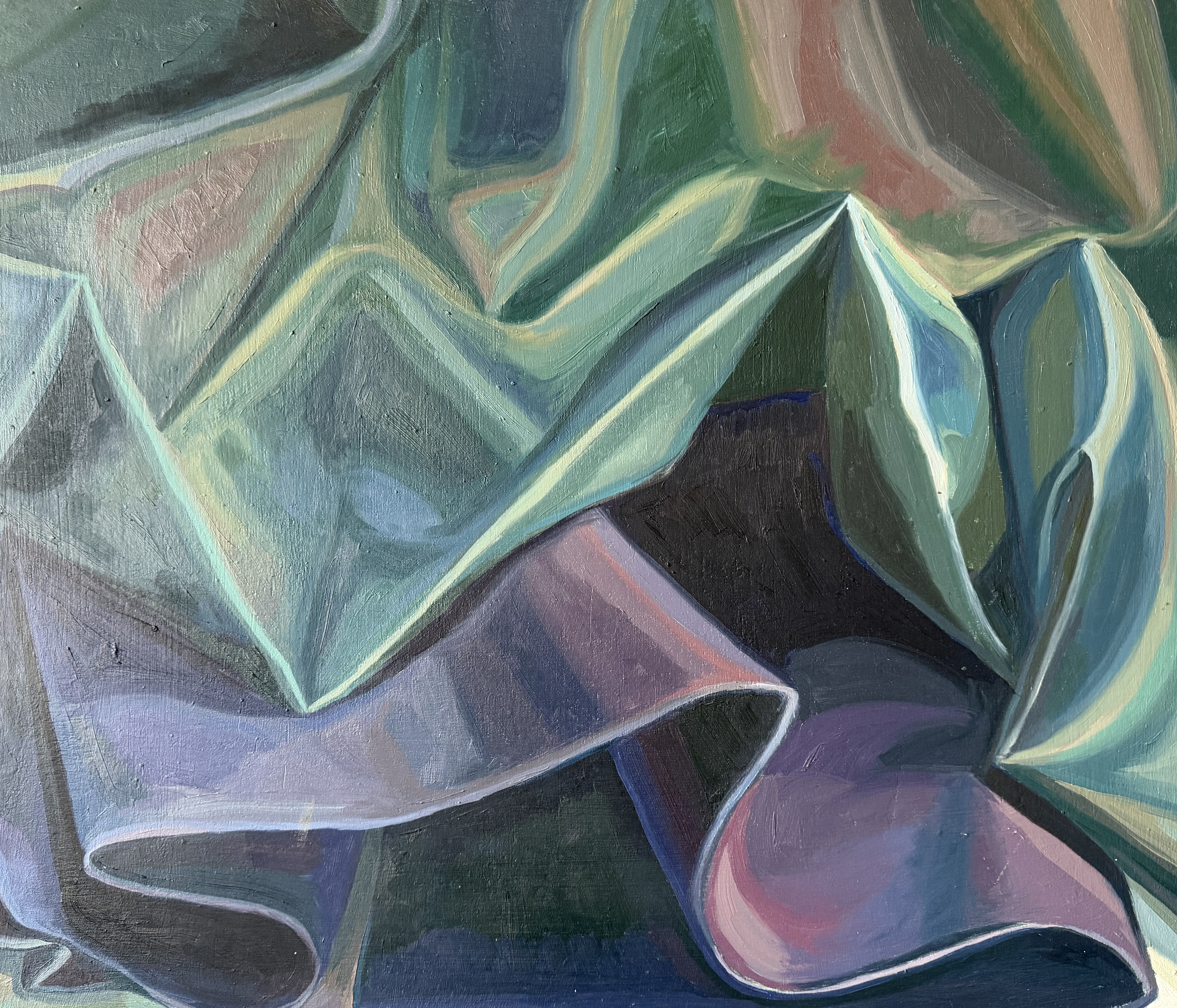 An oil study of folded fabric in muted teal, sage, and dusty lavender — sharp geometric folds in the upper half, a soft purple swag pooling in the foreground.