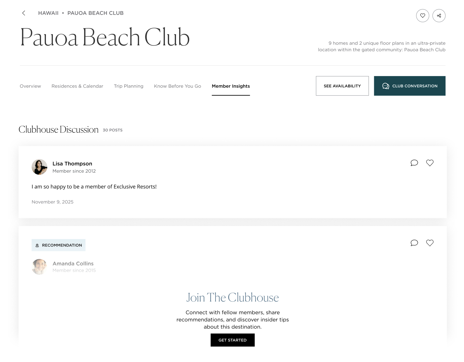 A Phase 2 concept for embedding Clubhouse discussion inside a destination page. The Pauoa Beach Club destination page with a new Member Insights tab selected, showing a Clubhouse Discussion section with 30 posts — a Member post from Lisa Thompson reading &lsquo;I am so happy to be a member of Exclusive Resorts!&rsquo;, a recommendation card from Amanda Collins, and a Join The Clubhouse call to action.