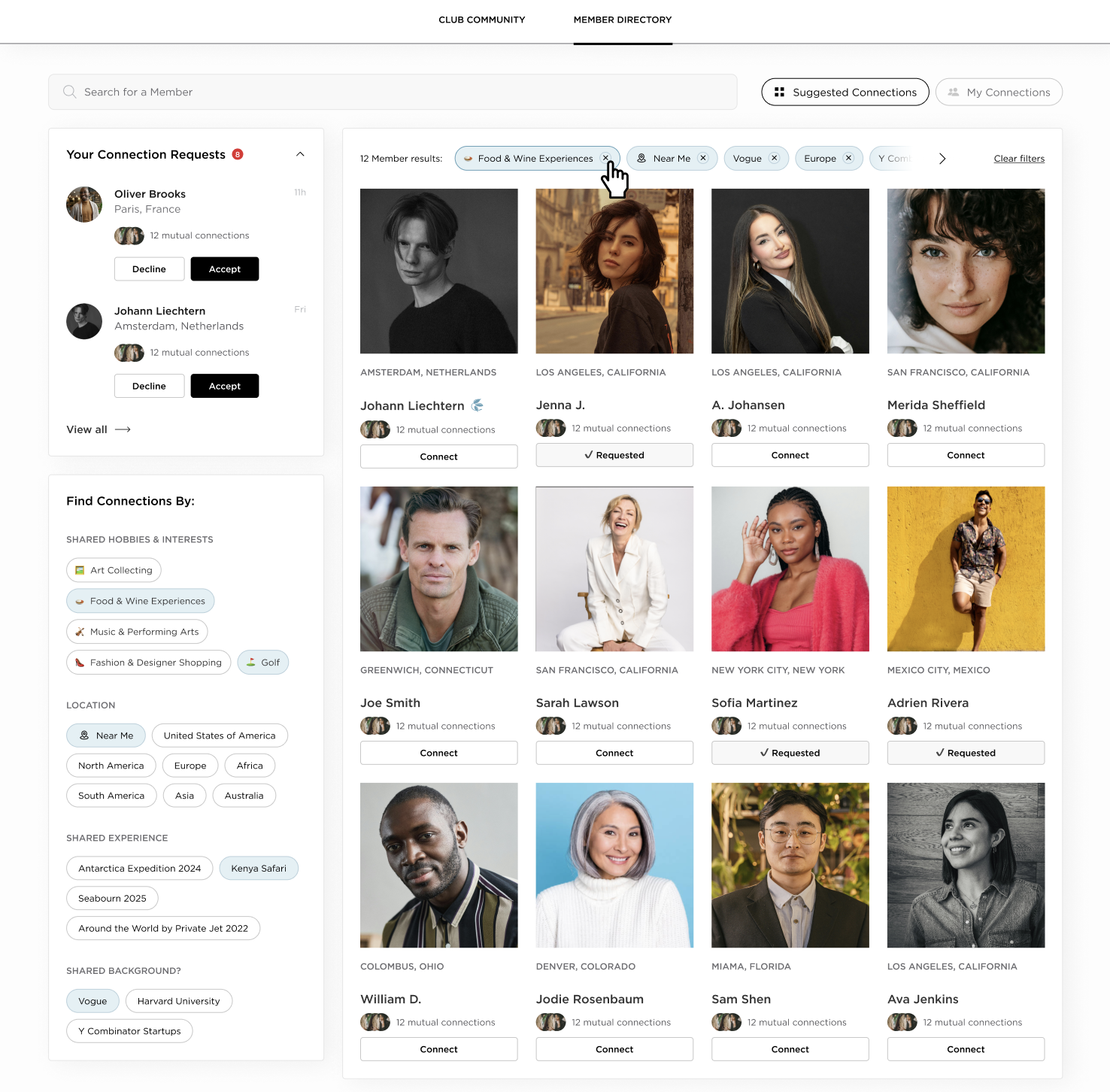 The Member Directory view inside the Clubhouse — a left sidebar with connection requests and faceted filters (shared hobbies, location, shared experience, shared background), and a 4-by-3 grid of Member cards with photos, locations, mutual-connection counts, and Connect / Requested buttons.
