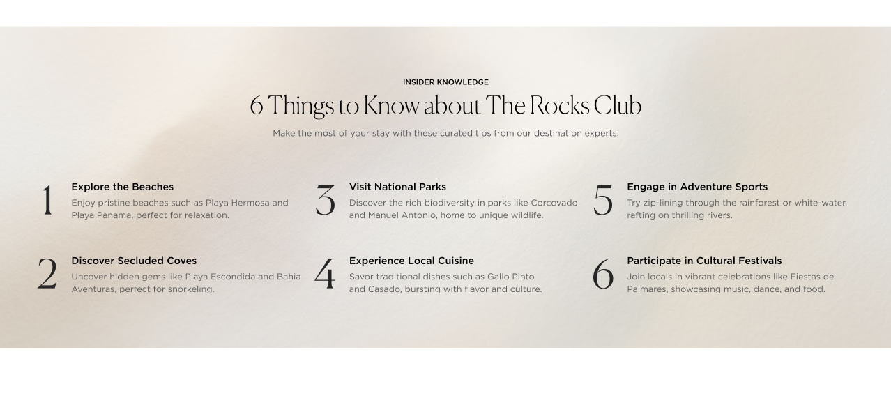 The new Destination Tips component — a serif headline reading &ldquo;6 Things to Know about The Rocks Club&rdquo; over a soft cream background, with six numbered insider tips arranged in a three-column grid.