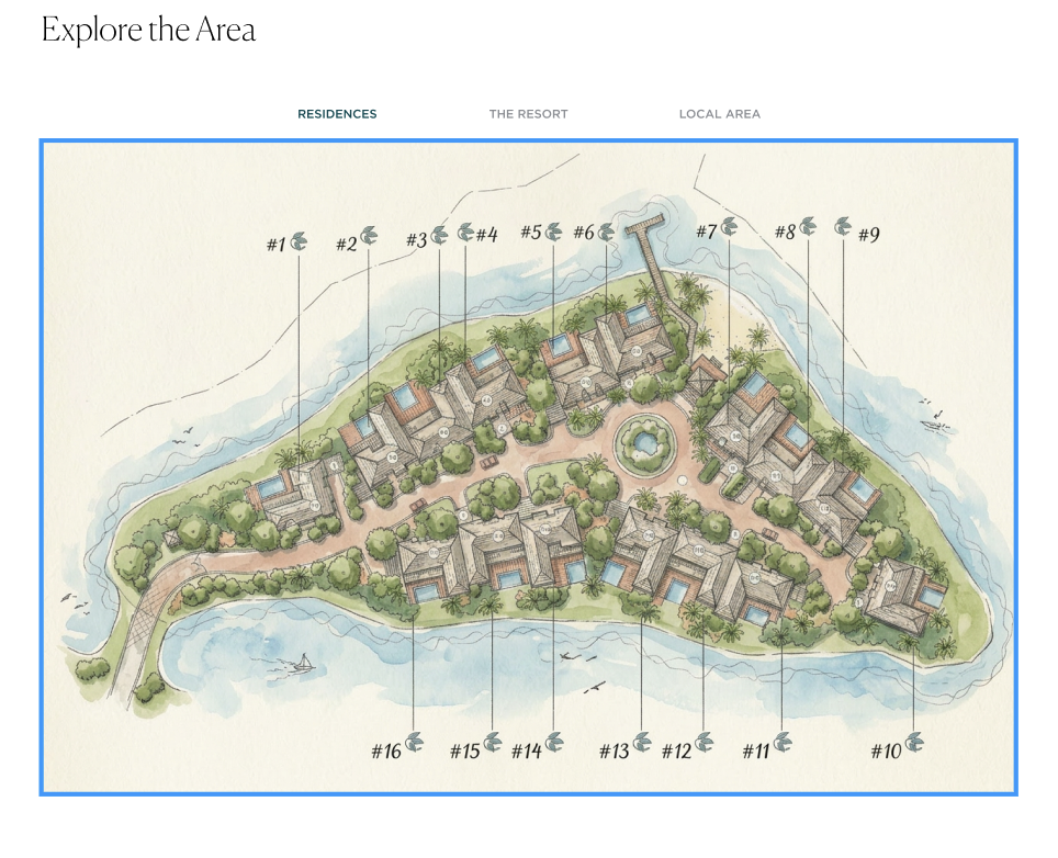 The Explore the Area component — a hand-illustrated watercolor-style map of a tropical residential club, with numbered residences #1 through #16 labeled around the property; tabs above the map switch between Residences, The Resort, and Local Area views.