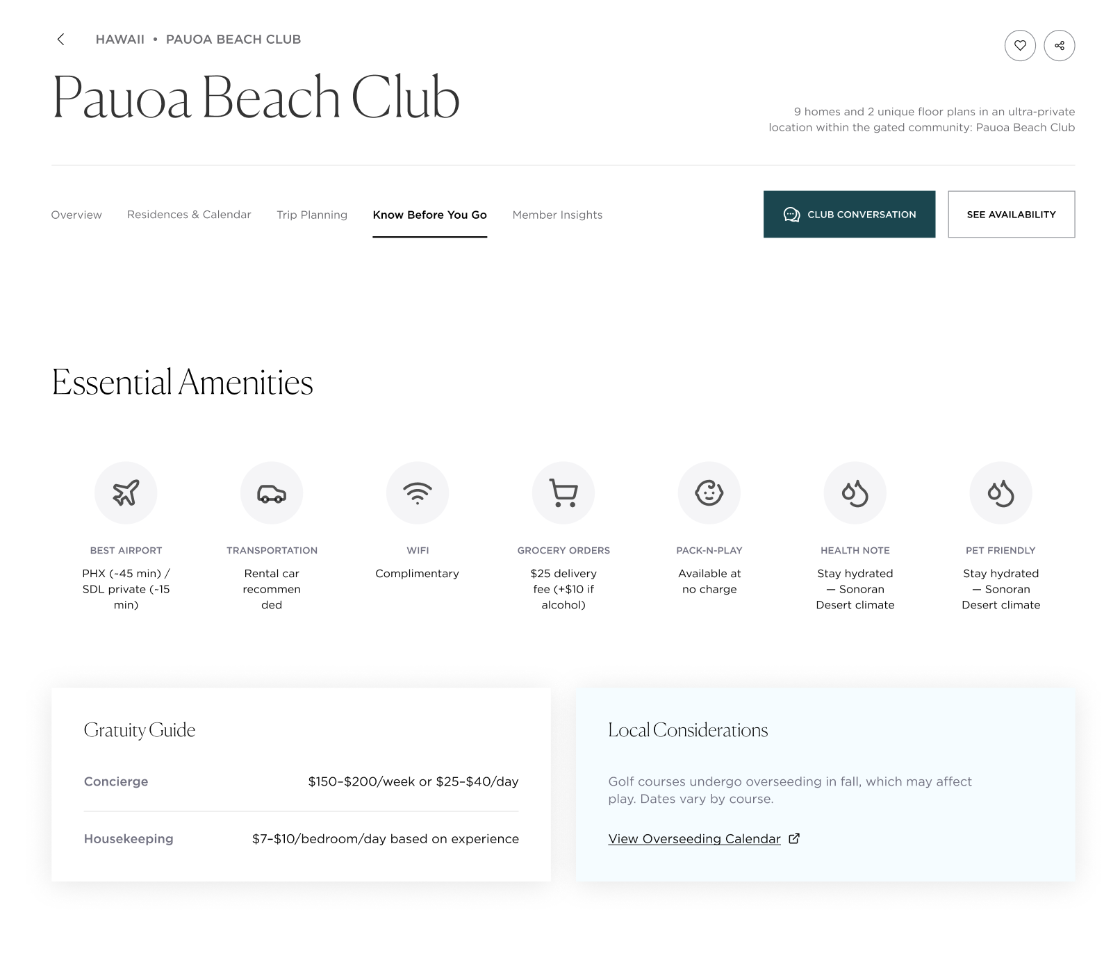 The Pauoa Beach Club destination page in the Know Before You Go view, showing an Essential Amenities row of icon tiles for airport, transportation, wifi, grocery orders, pack-n-play, health note, and pet friendly, followed by a Gratuity Guide card and a Local Considerations card about overseeding.