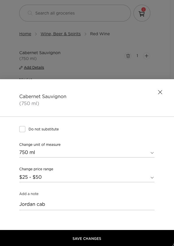 An item-detail sheet for Cabernet Sauvignon allowing the Member to mark do-not-substitute, change unit of measure and price range, and add a free-text note — in this case &ldquo;Jordan cab.&rdquo;