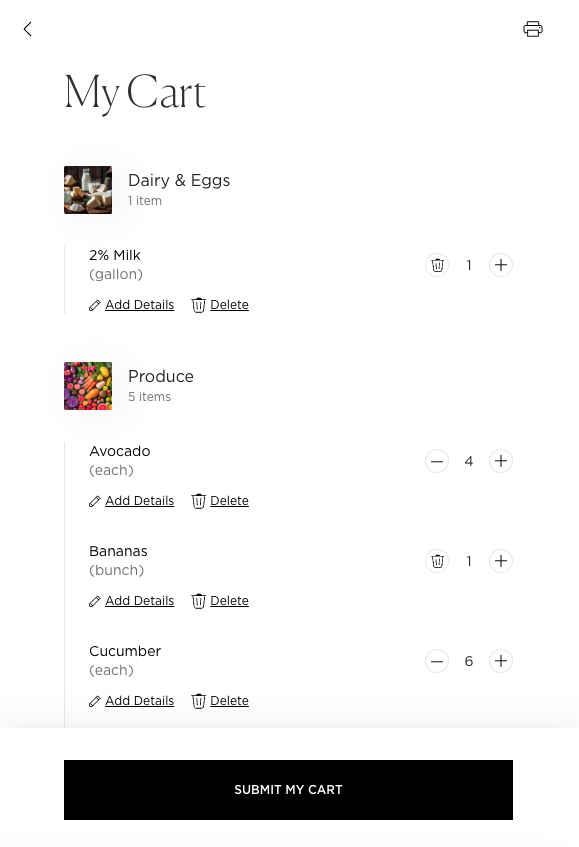 The My Cart screen showing grouped items by category — Dairy & Eggs and Produce — with quantity steppers, add-details and delete affordances, and a sticky Submit My Cart button.