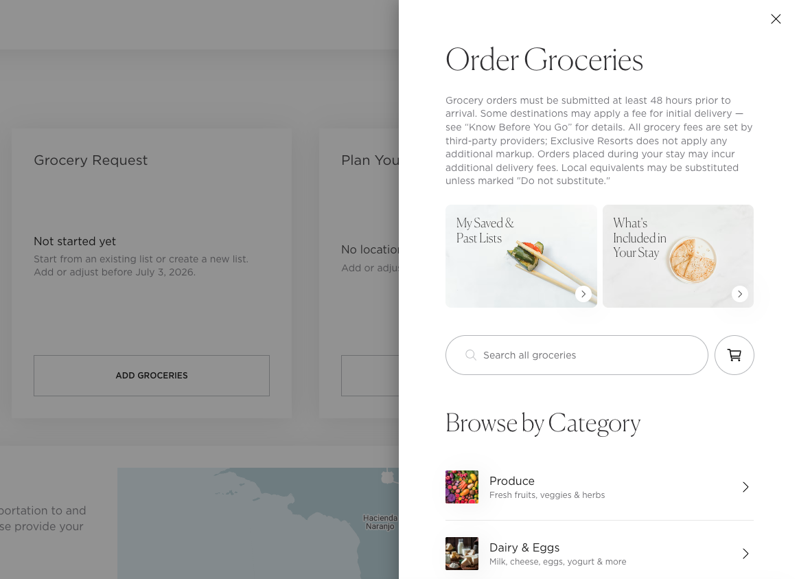 The redesigned Order Groceries drawer overlaying the trip-planning page, with intro copy, saved lists, included items, search, and a Browse by Category list.