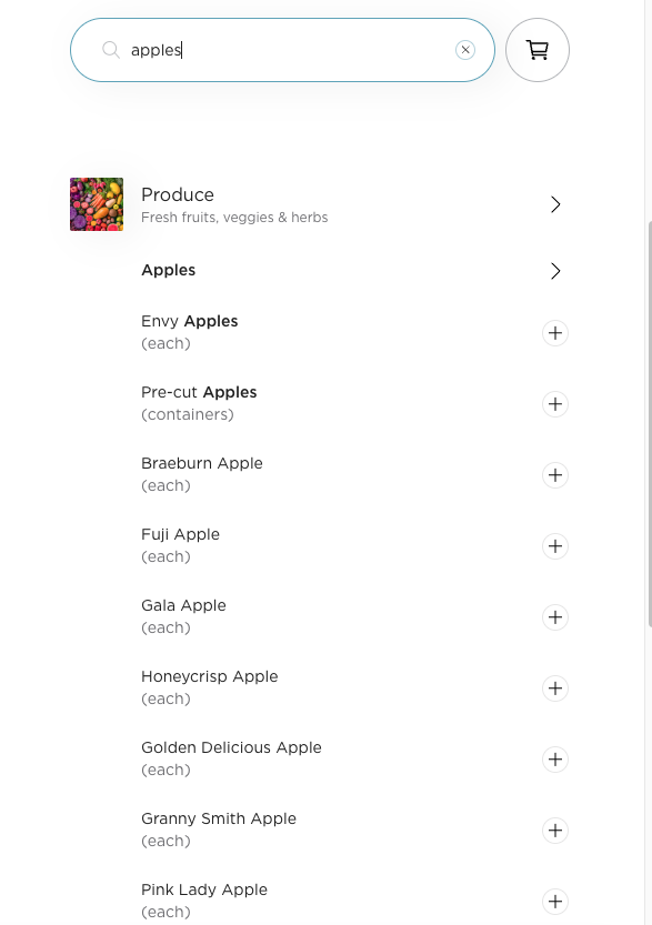 The grocery search results screen for the query "apples," showing the Produce category and disambiguated apple varieties like Envy, Pre-cut, Braeburn, Fuji, Gala, Honeycrisp, Golden Delicious, Granny Smith, and Pink Lady.