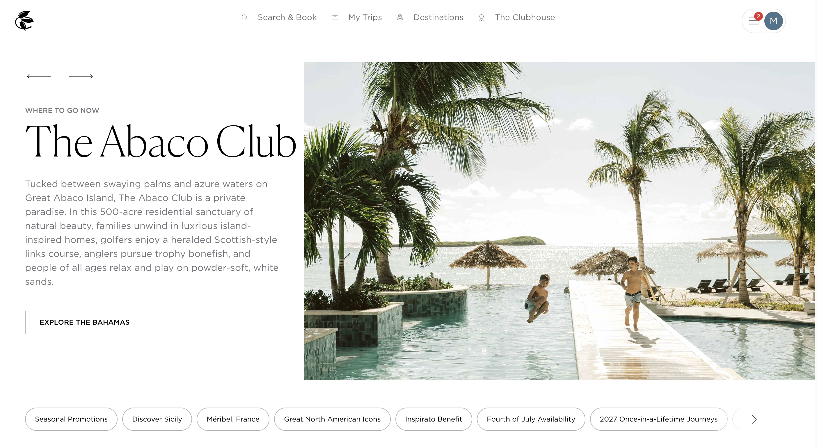 The Exclusive Resorts Member Portal homepage — a destination feature for The Abaco Club with a hero image, navigation bar with Search & Book, My Trips, Destinations, and The Clubhouse, and a horizontal row of collection tabs below.