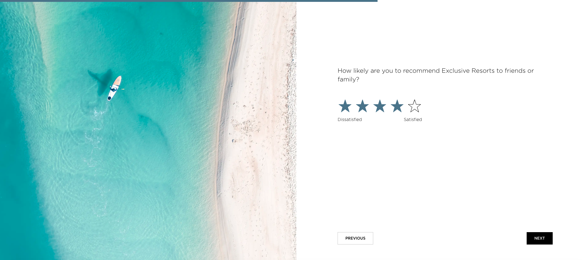 A split-screen survey question screen. On the left, a full-bleed aerial photograph of a kayaker on turquoise water. On the right, the question &lsquo;How likely are you to recommend Exclusive Resorts to friends or family?&rsquo; with a 5-star rating scale labeled Dissatisfied to Satisfied, and Previous and Next buttons.